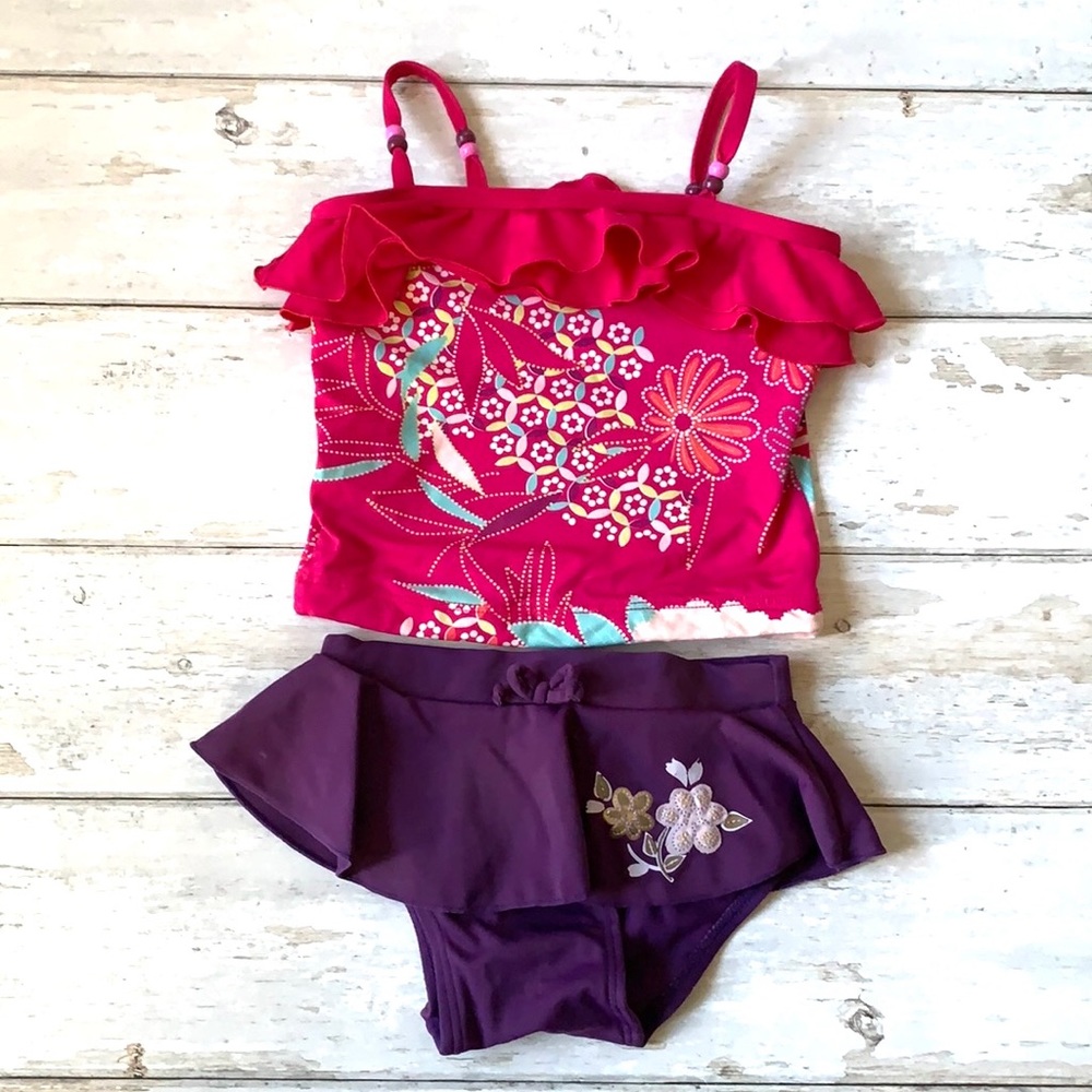 Tea Collection Girls 3T Swimsuit Tankini 2pc Pink Purple Size 3 Years Ruffles